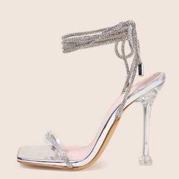 Dress Shoes Sexy Silver Crystal Cross Strap Sandals Women Summer Party Wedding Banquet Shoes Fashion Open Toe Club Transparent Heels H240401NKBQ