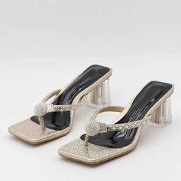 Dress Shoes Fashion Glitter Rhinestones Women Transparent Low Heels Slippers Crystal Strap Sandals Shoes Flip Flops Open Toe Slides H240401JFZ3