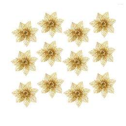 Decorative Flowers 12Pcs Glitter Poinsettia Artificial Hollow Xmas Christmas Tree Ornaments DIY Wreath (