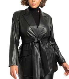 2022 Chinese Wholesale Faux Leather Belted Blazer Fashion Classic Black Pu Long Length Womens