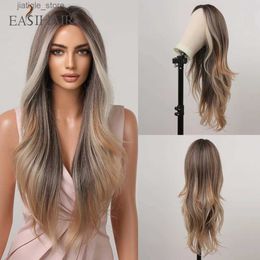 Synthetic Wigs EASIHAIR Long Wavy Hairline Lace Wigs Copper Brown Highlight Blonde Synthetic Wigs for Women Daily Natural Heat Resistant Fiber Y240401