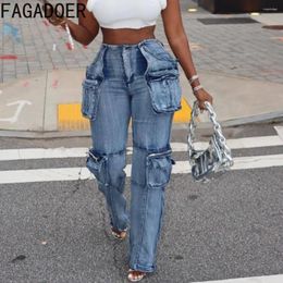 Women's Jeans FAGADOER Blue Denim Fashion Pocket Cargo Pants Women High Waisted Button Straight Jean Trousers Female Matching Cowboy Bottoms