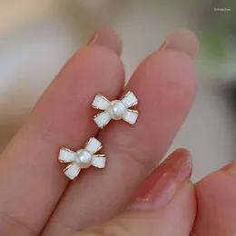 Stud Earrings White Bow Pearl Small Mini For Women Ins Fresh Sweet Light Luxury Wholesale