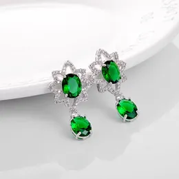 Dangle Earrings Korean Stylish Green Cubic Zirconia Flower Drop For Women Bijoux Jewellery Fashion