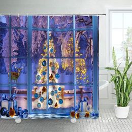 Shower Curtains 3D Xmas Tree Elk Outside The Window Christmas Decor Winter Snow Natural Landscape Year Bathroom Curtain Set