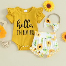 Clothing Sets 0-18months Baby Girl Summer Outfits Letter Print Rompers Sunflower Shorts Headband Toddler Girls 3pcs Clothes Set