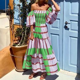 Casual Dresses Summer Vintage Long Dress Woman Fashion Plaid Print Large Swing A-Line Beach Ladies Sexy Off The Shoulder Maxi