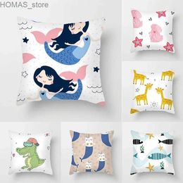 Pillow Case 45*45cm Cute Cartoon Mermaid Dinosaur Alpaca Fox case Sofa Office Seat Lumbar Cushion Cover Home Decoration Pieces Y240407