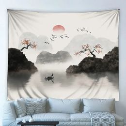 Tapestry Hand Painted Chinese Artistic Conception Ink Landscape Painting Wall Hanging Background Beach Towel Yoga Mat Home Decor 240325