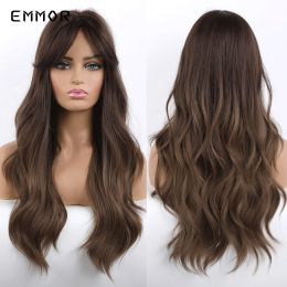 Wigs Emmor Synthetic Ombre Dark Brown Wave Hair Wigs with Bangs High Temperature Wavy Cosplay Costume Daily Wig for American Women