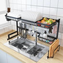 Kitchen Storage 65CM Stainless Steel Shelf Organiser Dishes Drying Rack Over Sink Drain Countertop Utensils Holder