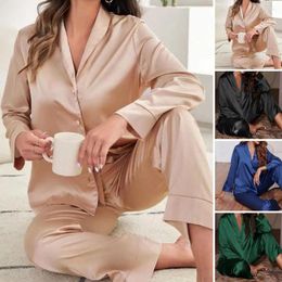 Home Clothing Women Buttoned Top Trousers Women's Spring Summer Pajama Set Silky V Neck Shirt Wide Leg Pants Elastic Waist For Comfort