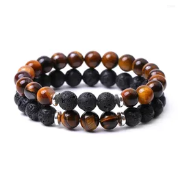 Charm Bracelets 10pcs Natural Black Lava Stone Beads Bracelet Blue Red Green Tiger Eye Stretch Jewellery For Women Men