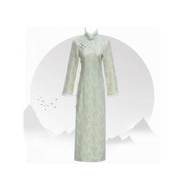 Chinese Vintage Cheongsam, Side Split Long Sleeve Dress for Fall & Winter, Women's Clothing