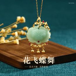 Pendant Necklaces Ancient Style National Trendy Gold Plated Flying Flowers And Dancing Butterflies Lotus Seedpod Imitation Jade Vintage