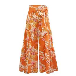 Womens Wide-legged Pants with Waist Tied Floor to Beach Retro Pattern Comfort Pyjamas