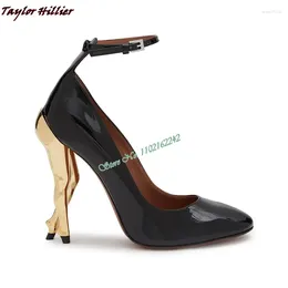 Dress Shoes Autumn And Winter Style Black Glossy Horseshoe Gold Heel High Heels Sexy Round Toe Shallow Mouth Belt Buckle Women'S