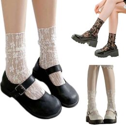 Women Socks Solid Colour Middle Tube Novelty Transparent Floral Lace Hosiery