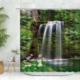 Shower Curtains Forest Waterfall Scenery Curtain Hooks Spring Nature Landscape Bathroom Woodland Tree For Decor