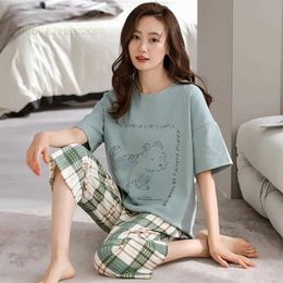 4NVT Sexy Pyjamas Summer Knitted Cotton Cartoon Pyjamas Sets Women Pyjamas Sleepwear Nightwear Pijama Mujer Plus Size Calf-Length Pants Homewear 2404101