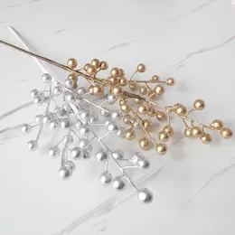 Decorative Flowers Simulation Gold Silver Berries Picks Cuttings Artificial Christmas Berry Branches Desktop Ornament Wedding Xmas Party