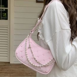 Sweet Pearl Chain Ladies Underarm Bag Fashion PU Leather Womens Bow Shoulder Bags Cute Female Small Handbags Tote Purse Clutch 240328