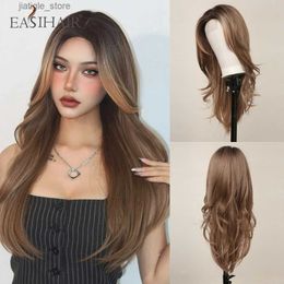 Synthetic Wigs EASIHAIR Synthetic Lace Hairline Wigs Natural Brown Wig with Blonde Highlight Women Lace Hair Wig for Daily Party Heat Resistant Y240401