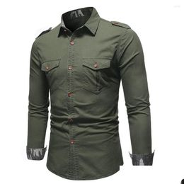 Mens Dress Shirts 4620 Cargo Shirt Men Long Sleeve Epaet Pockets Military Man Outerwear Jeans Black Khaki Green Gray Drop Delivery App Otpob