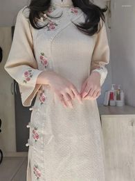 Ethnic Clothing Apricot Cheongsam Qipao Embroidered Long Sleeve 2024 Autumn/Winter Girls' Improved Daily Party Youth Style Elegant Dress