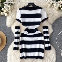Party Dresses Autumn Retro Style White And Black Striped Knit Dress Women O Neck Short Sleeve Fluffy Pullover Sweater With Sleeves