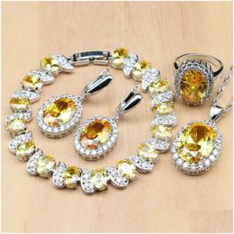 Charm Bracelets Sterling Sier Bridal Jewelry Sets Yellow Cubic Zirconia Decoration For Women Earrings Rings Bracelet Pendant Necklac Dhdwa