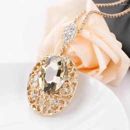 Pendant Necklaces Fashion Women Jewellery Gold-color Hollow Hearts Oval Glass Crystal Necklace Charm Long Sweater Chain For