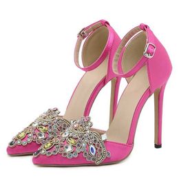 Dress Shoes High Quality Crystal Diamond Toe Stiletto Heels Wedding Prom Shoes Fashion Buckle Strap Women Pumps Sandal Size 42 H240401084N