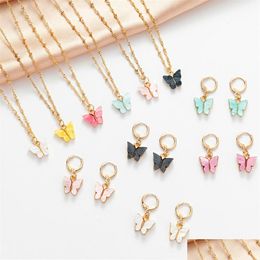 Earrings Necklace Fashion 2 Pieces Jewelry Sets Butterfly Earrings Necklace Acrylic Pendant Gift Accessories Drop Delivery Dhbth