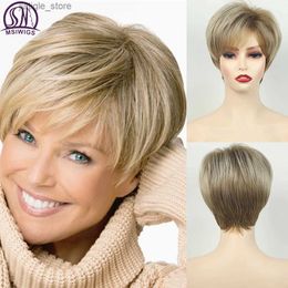 Synthetic Wigs MSIWIGS Womens Short Pix Cut Blonde Straight Wig Natural Synthetic For White Lady Daily Wear High Tempreture Fibre Y240401