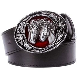 Belts Mens leather horse belt with fine horse head pattern flower buckle equestrian competition Q240401