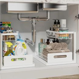 Kitchen Storage REALINN Under Sink Organiser Pull Out Cabinet 2 Tier Slide Shelf Shelves