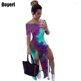 Party Dresses High Split Long Maxi Dress Summer Casual Tie Dye Print Off Shoulder Sexy Bodycon Women Elegant Slit Beach Club