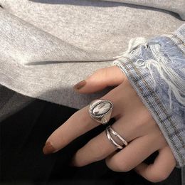 Cluster Rings 925 Sterling Silver Adjustable For Women Korean Simple Punk Round Double Lines Ring Set Statement Hip Hop Fine Jewellery