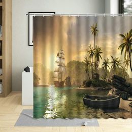 Shower Curtains Pirate Ship Ocean Coconut Tree Water Colour Colourful Ink Style Bird Sailboat Bathroom Decor Waterproof