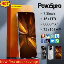 Povo5pro Android Smartphone Touch screenscreen 4G 8GB 12GB 16GB RAM 256GB 512GB 1TB ROM 7.3-inch HD screen Gravity sensor supports multiple languages