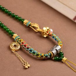 Pendant Necklaces Tibetan Handmade Woven Pearl Chain Rope Traditional Chinese Trendy Hanging Hand Painted Peach Blossom Thangka Zakiram