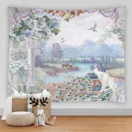 Tapestries 3D Print Animal Forest Tapestry Peacocks Birds Flower Bohemian Hippie Art Aesthetic Room Decor Wall Hanging Home Bedroom