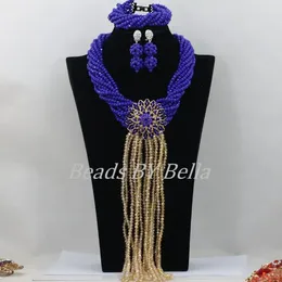 Necklace Earrings Set Opaque Royal Blue Crystal Beads Jewelry Nigerian Wedding African ABF503