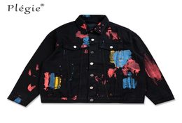 Plegie Hip Hop Ink Graffiti Print Denim Jackets Streetwear Men Hipster Casual Punk Rock Jeans Coats Mens Outwear Unisex Tops8078806