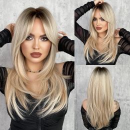 Wigs NAMM Ombre Blonde Wig for Women Long Straight Wig with Bangs for Day Paty Synthetic Layered Hai Wig Heat Resistant Fibre