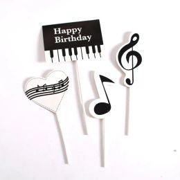 Happy Birthday Cake Topper Piano Musical Note Heart Decor Flag Kids Party DIY Baking Supplies Cupcake Toppers Baby Shower Black