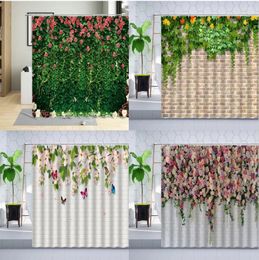 Shower Curtains Spring Scenery Flowers Plants Curtain Butterfly Green Leaves Pink Floral Wall Landscape Decoration Bathroom Sets