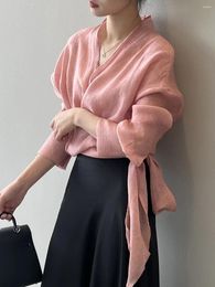 Women's Blouses 2024 Spring Summer Blouse & Shirt Jacquard V-Neck Design Tie Up One Button Irregular Type Korean Clothing 80973
