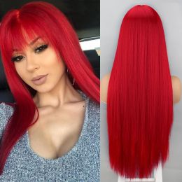 Wigs WERD Synthetic Wigs Long Straight Red Wigs With Bangs For Women Black Cosplay Party Daily Use Natural Hair